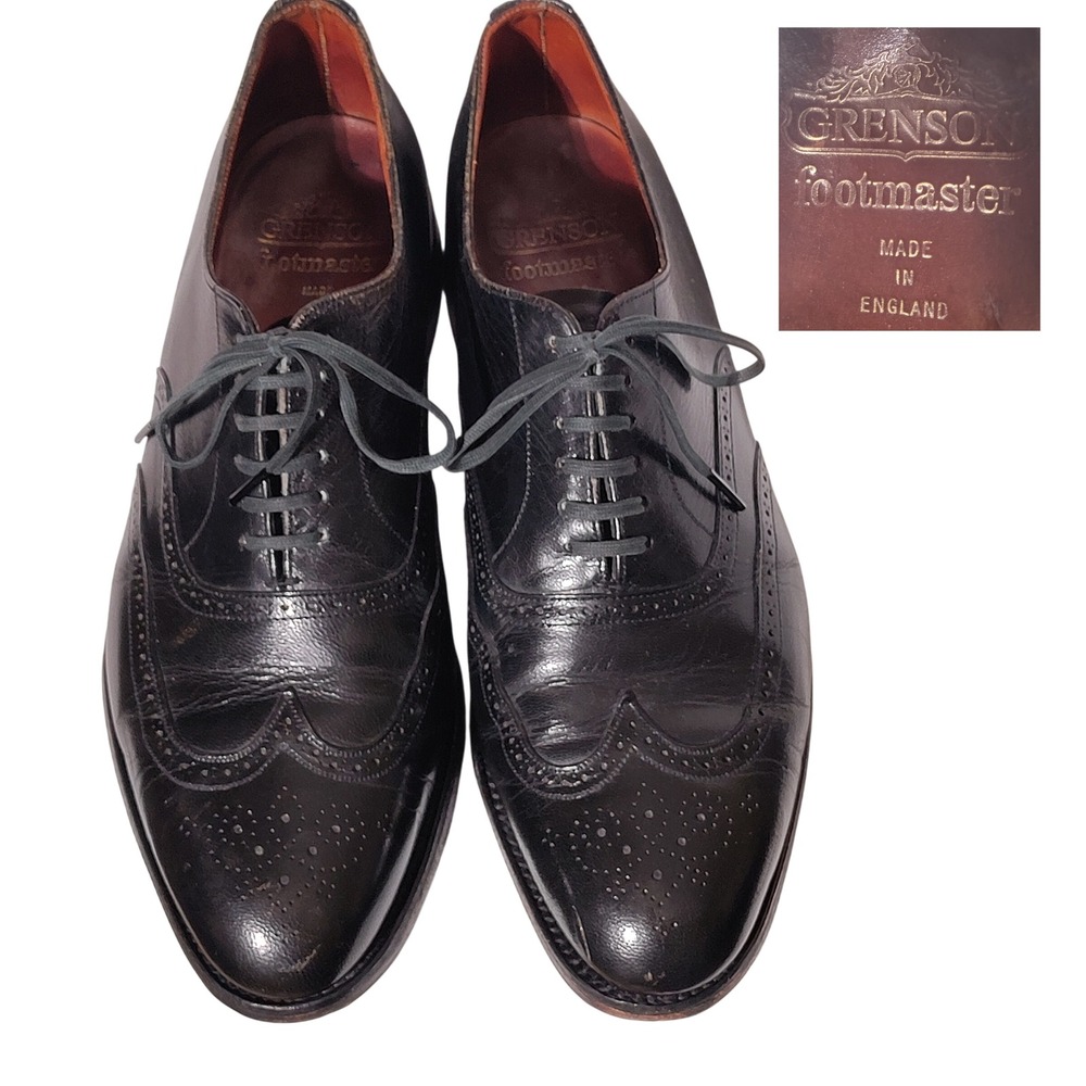 Grenson Footmaster Mens Black Leather Wingtip Oxford Brogue Shoes England 9 EF